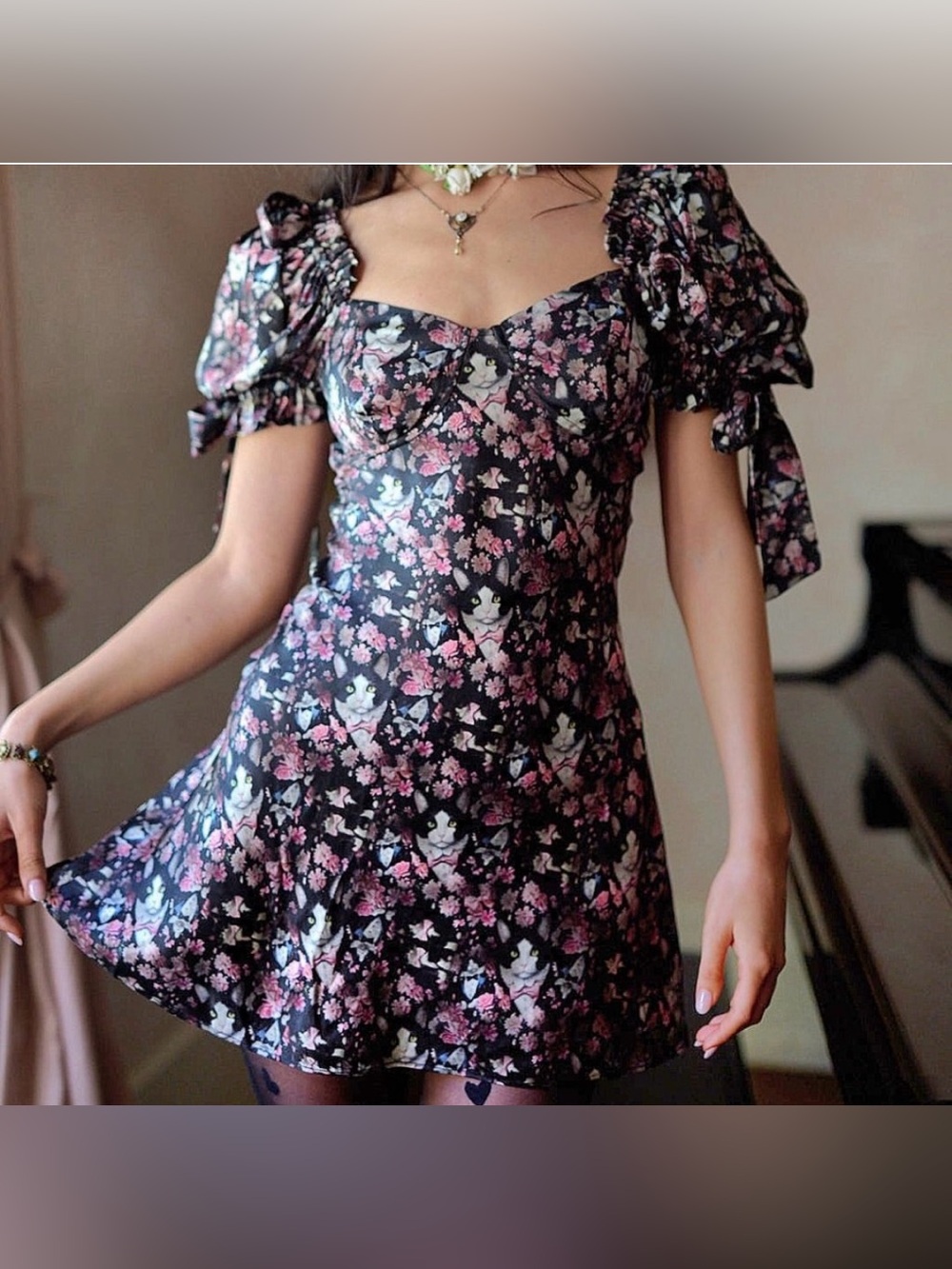 Selkie women’s black the tuxedo mini poet silk dress with cat and rose print